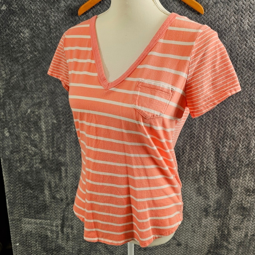 GAP Women's‎ Coral White Stripe V Neck Pocket T Shirt Top Size Medium